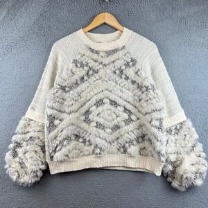 Amadi by Anthropologie Calista Textured Knit Faux Fur Sweatshirt Cream Women's M